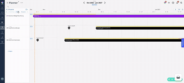 The Planner Projects screen shows a quarterly timeline for October 2026 through January 2027, with project rows and task bars. Visible: Planner, Projects, Oct 2026 – Jan 2027, Quarters, Product Marketing, My User Landscape.