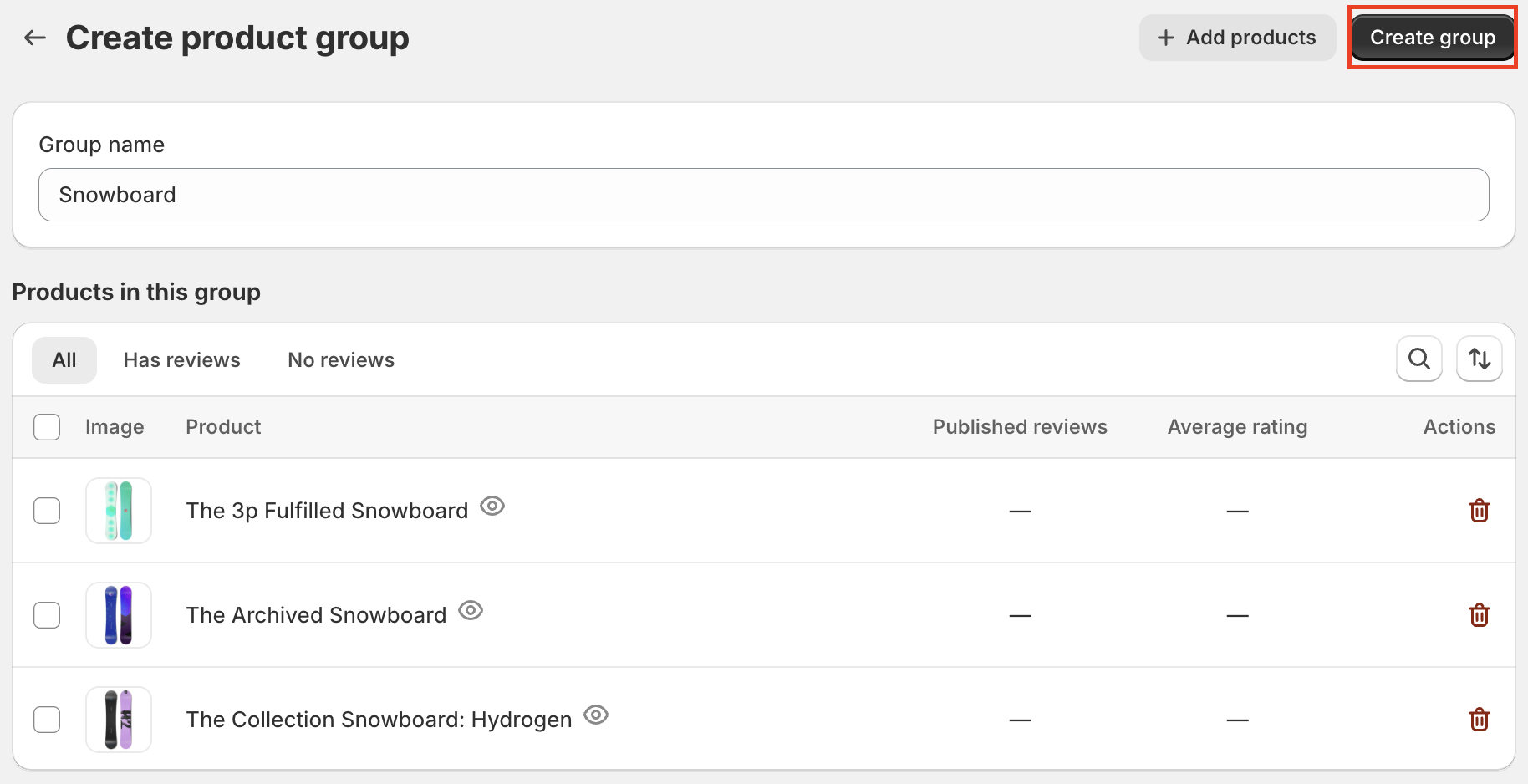 The Create product group screen shows the group name Snowboard and a product table; a red outline highlights the Create group button. Visible: Create product group, Add products, Create group, Group name, Snowboard, Products in this group.