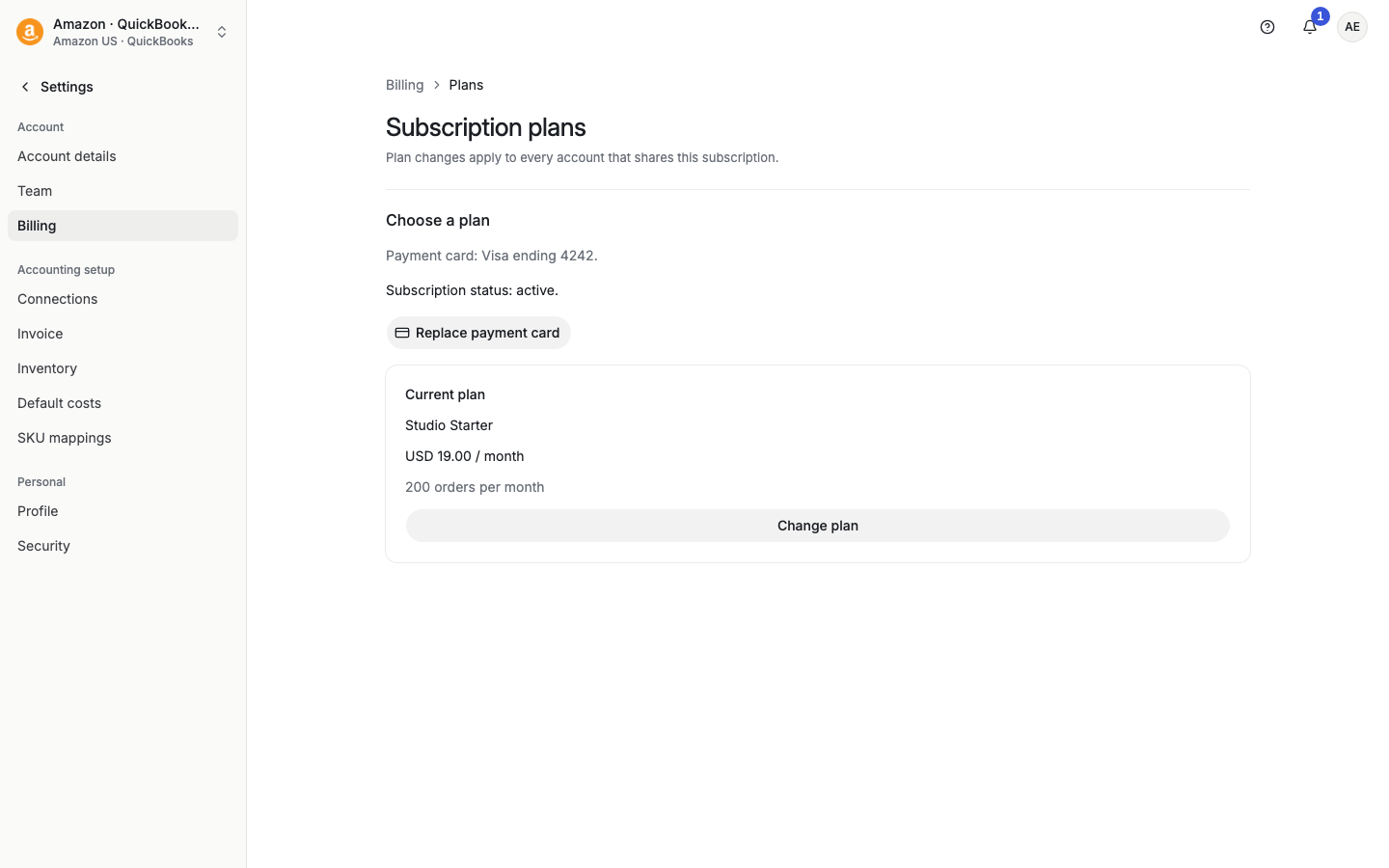 Subscription plans page with the current plan and a Change plan button