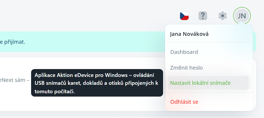The top-right profile menu for Jana Nováková is open, with “Nastavit lokální snímače” highlighted. Visible: Jana Nováková, Dashboard, Změnit heslo, Nastavit lokální snímače, Odhlásit se, Aplikace Aktion eDevice pro Windows – ovládání USB snímačů karet, dokladů a otisků připojených k tomuto počítači.
