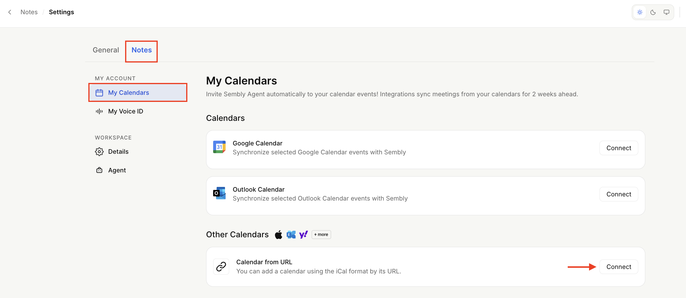 The Notes settings screen shows My Calendars integrations, with highlights around the Notes tab and My Calendars sidebar item and an arrow pointing to Connect for Calendar from URL. Visible: Notes, Settings, General, MY ACCOUNT, My Calendars, My Voice ID.