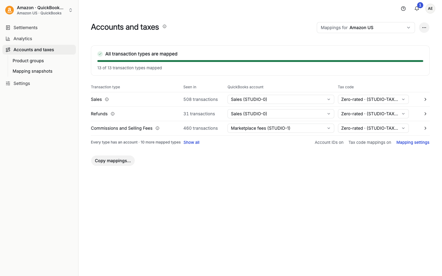 Accounts and taxes page with a Mappings for list and transaction type rows
