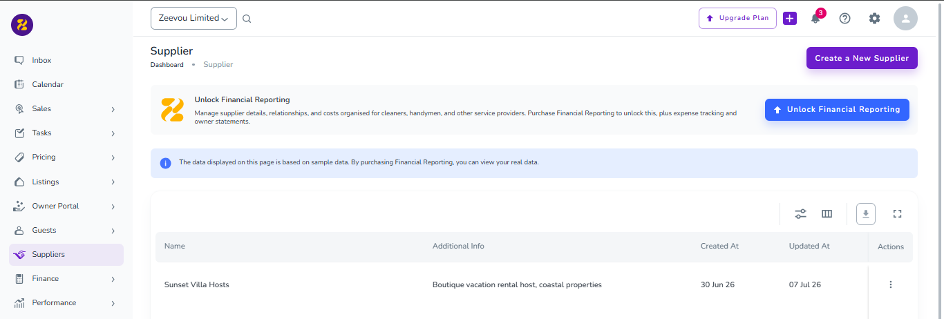 The Supplier screen shows a supplier table with one sample row for Sunset Villa Hosts and a Create a New Supplier button. Visible: Supplier, Dashboard, Create a New Supplier, Unlock Financial Reporting, The data displayed on this page is based on sample data., Name.