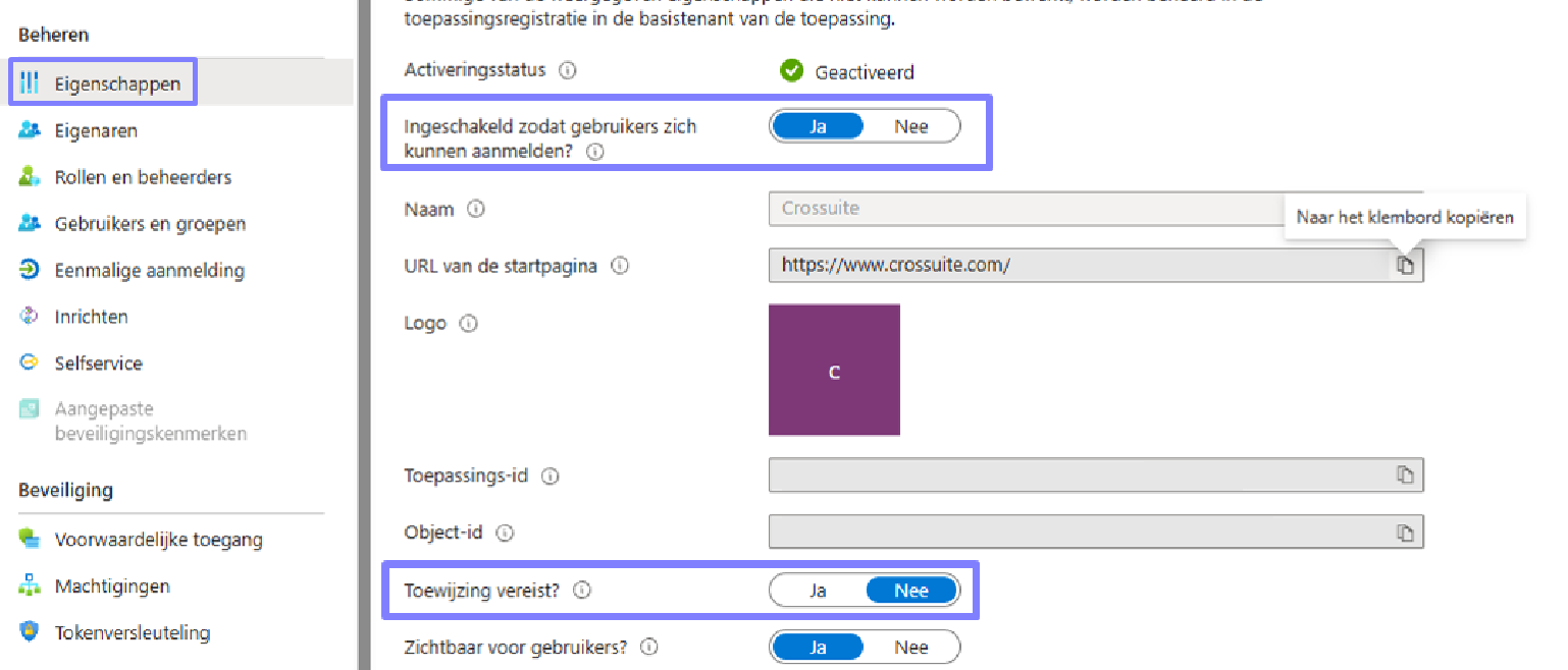Het scherm Eigenschappen van de toepassing CrosSuite toont dat aanmelden is ingeschakeld en toewijzing niet vereist is; paarse kaders markeren beide instellingen. Visible: Beheren, Eigenschappen, Eigenaren, Rollen en beheerders, Gebruikers en groepen, Eenmalige aanmelding.
