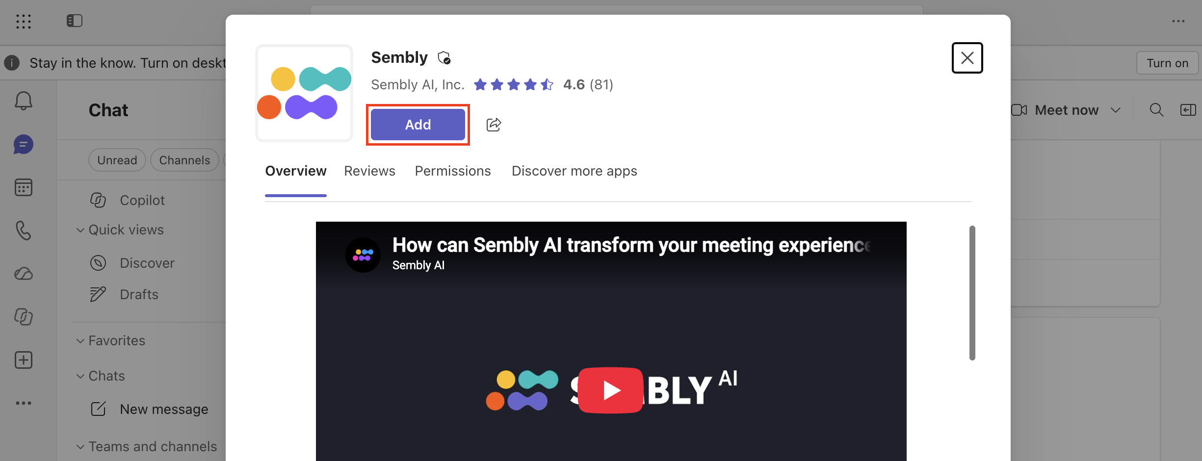 Sembly app details dialog on the Overview tab, with a red box highlighting the Add button and a Sembly AI video preview below. Visible: Sembly, Sembly AI, Inc., 4.6 (81), Add, Overview, Reviews.