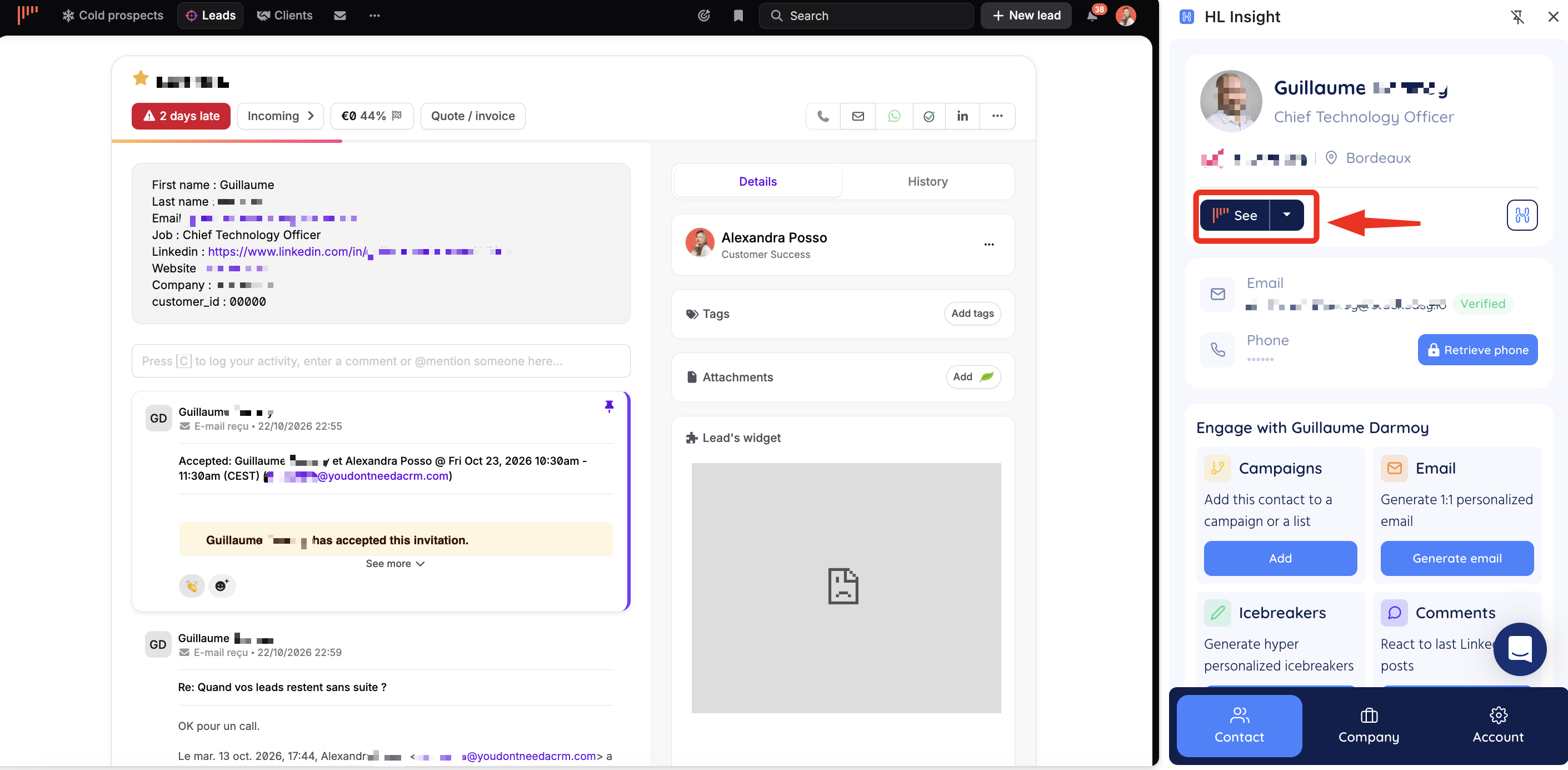 Lead de noCRM creado junto al panel HL Insight; una flecha señala el botón See.