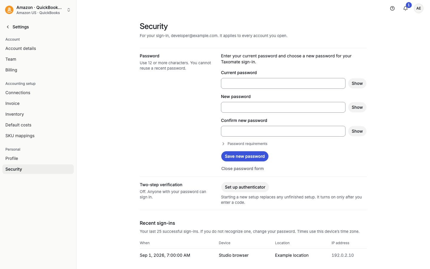 Security page with the change password form