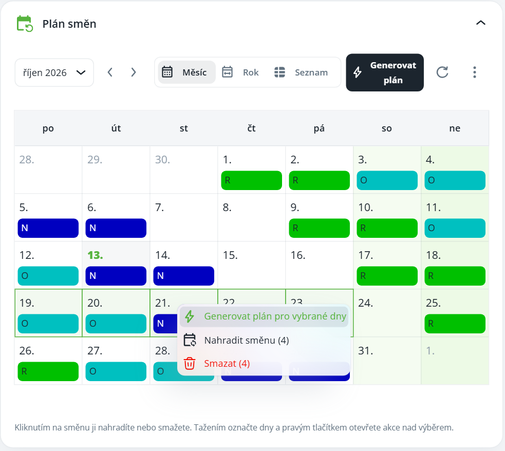 The Plán směn monthly calendar for říjen 2026 shows color-coded shifts and a context menu for selected days. Visible: Plán směn, říjen 2026, Měsíc, Rok, Seznam, Generovat plán.
