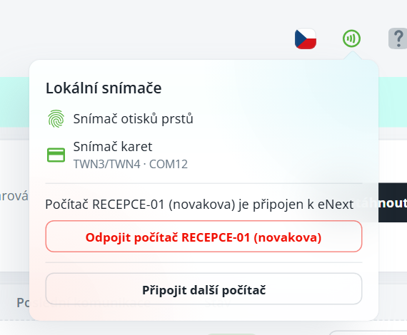 The Local sensors popover lists fingerprint and card readers, shows RECEPCE-01 (novakova) connected to eNext, and offers disconnect or connect another computer. Visible: Lokální snímače, Snímač otisků prstů, Snímač karet, TWN3/TWN4 · COM12, Počítač RECEPCE-01 (novakova) je připojen k eNext, Odpojit