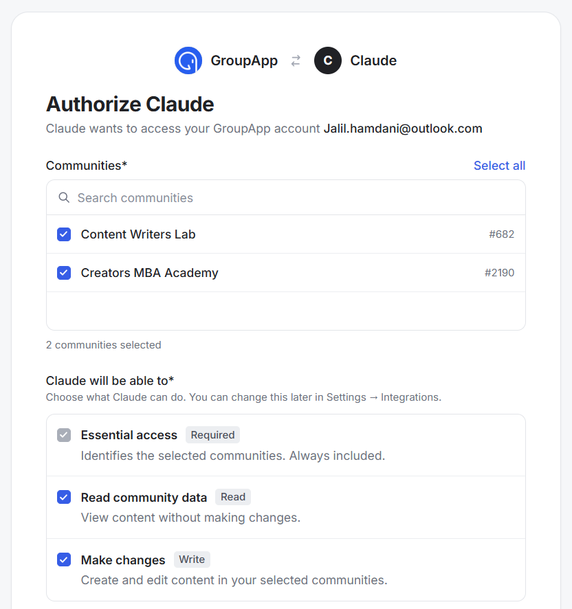 GroupApp’s Authorize Claude screen lets a user select communities and grant Claude access permissions. Visible: Authorize Claude, Claude wants to access your GroupApp account, Communities*, Select all, Search communities, Content Writers Lab.
