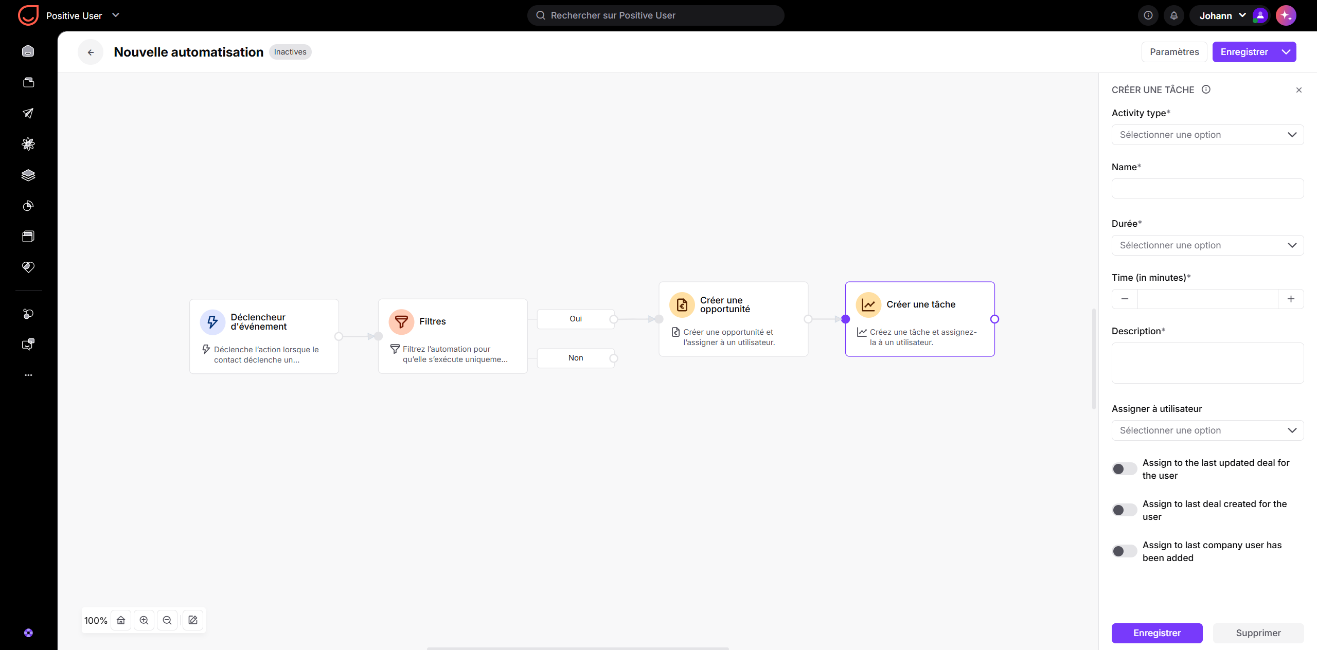 The automation builder shows a selected “Créer une tâche” workflow step and its task settings panel on the right. Visible: Nouvelle automatisation, Inactives, Paramètres, Enregistrer, Déclencheur d'événement, Filtres.