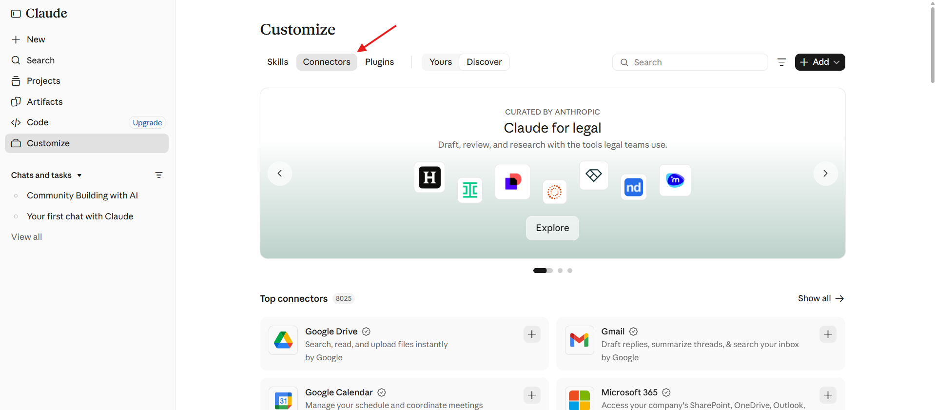 Claude’s Customize screen shows the Connectors tab selected, with a red arrow pointing to it above a curated legal connectors banner and connector listings. Visible: Claude, Customize, Skills, Connectors, Plugins, Yours.