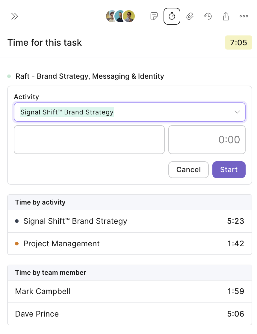 The “Time for this task” screen shows an activity timer for the Raft project, with time totals by activity and team member. Visible: Time for this task, 7:05, Raft - Brand Strategy, Messaging & Identity, Activity, Signal Shift™ Brand Strategy, 0:00.
