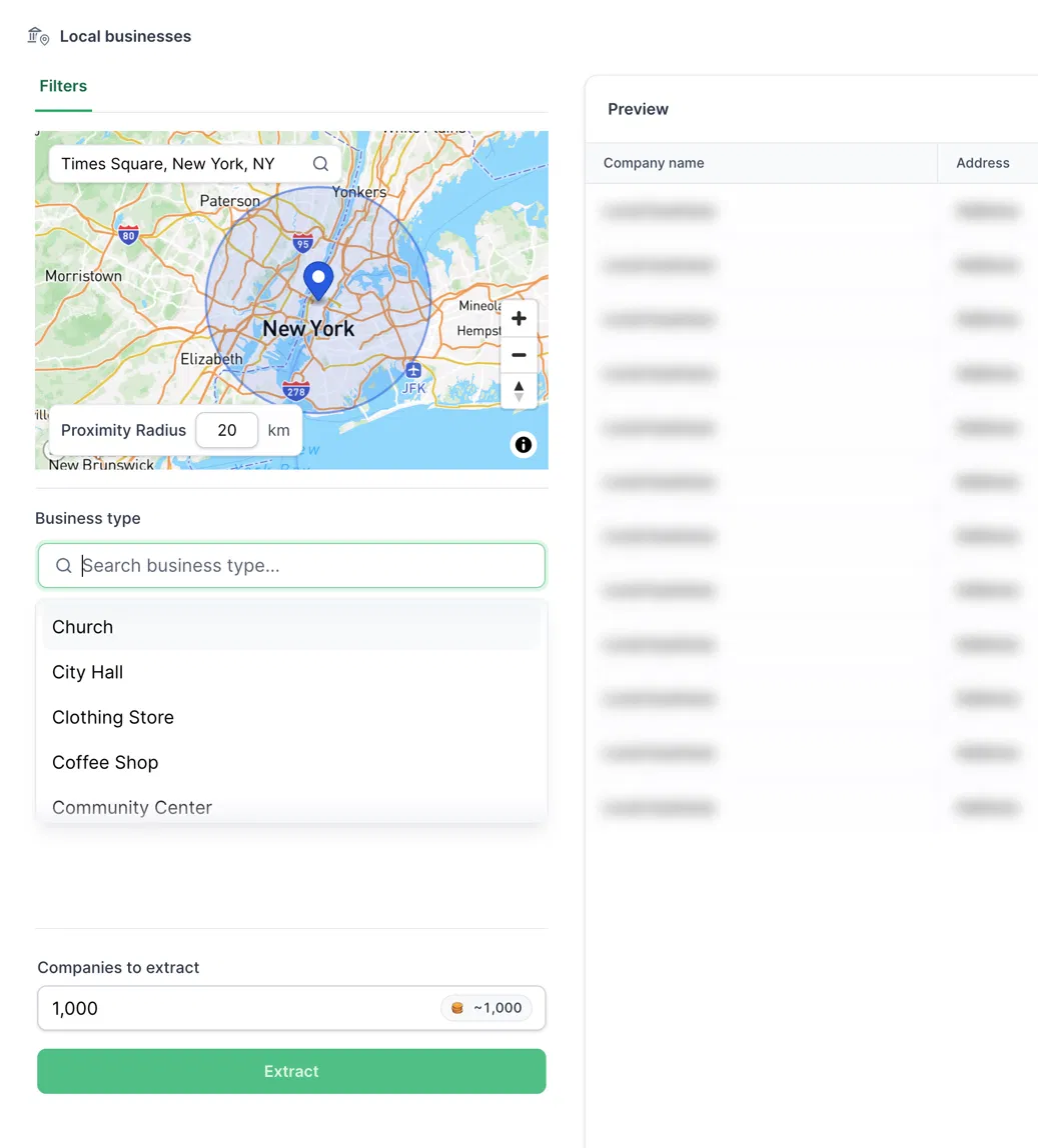 Local businesses extraction screen with filters for a New York map radius and business type, plus a preview table of company names and addresses. Visible: Local businesses, Filters, Times Square, New York, NY, Proximity Radius, 20, km.