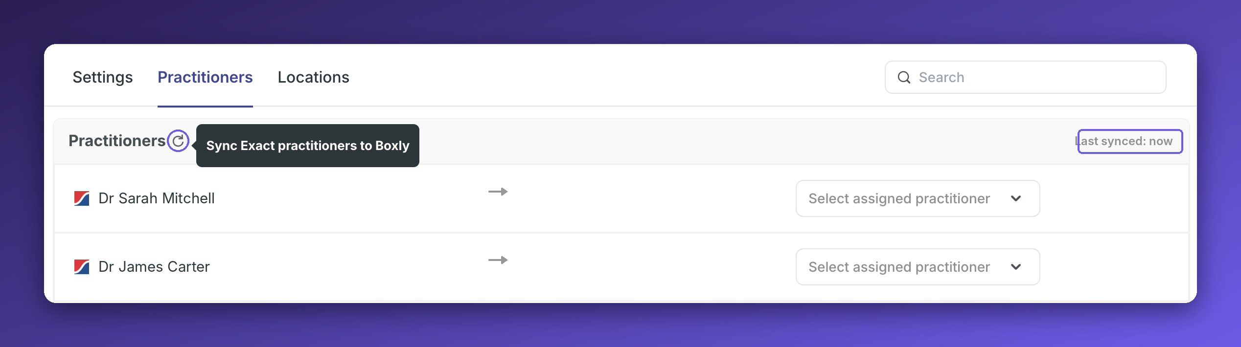 The Practitioners tab shows two Exact practitioners with assigned-practitioner dropdowns; the sync icon tooltip says “Sync Exact practitioners to Boxly,” and the status reads “Last synced: now.”. Visible: Settings, Practitioners, Locations, Search, Sync Exact practitioners to Boxly, Last synced: now