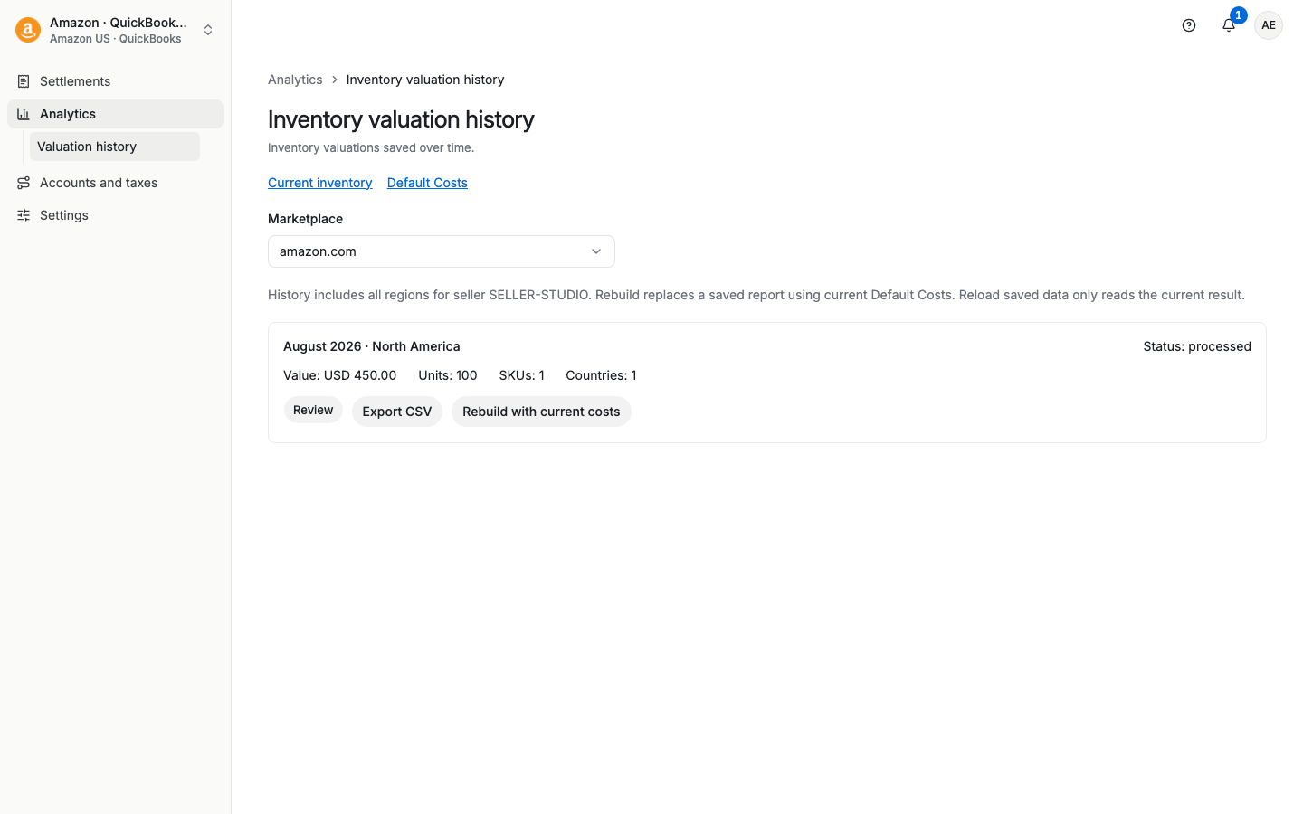 Inventory valuation history with a monthly card and Review, Export CSV and Rebuild buttons