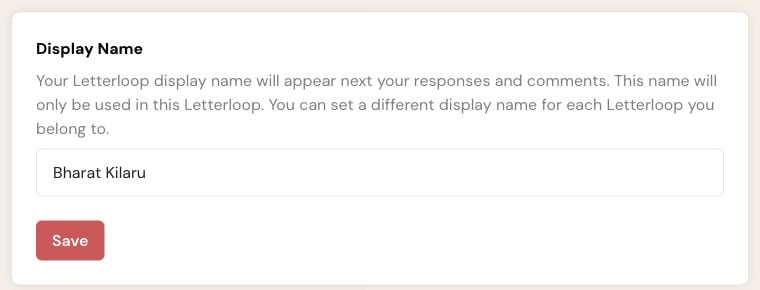Letterloop Profile display name card with a name field and Save button.
