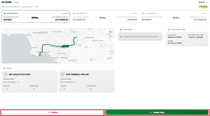 Panneau de détails de la commande avec les boutons Accept Order et Decline Order