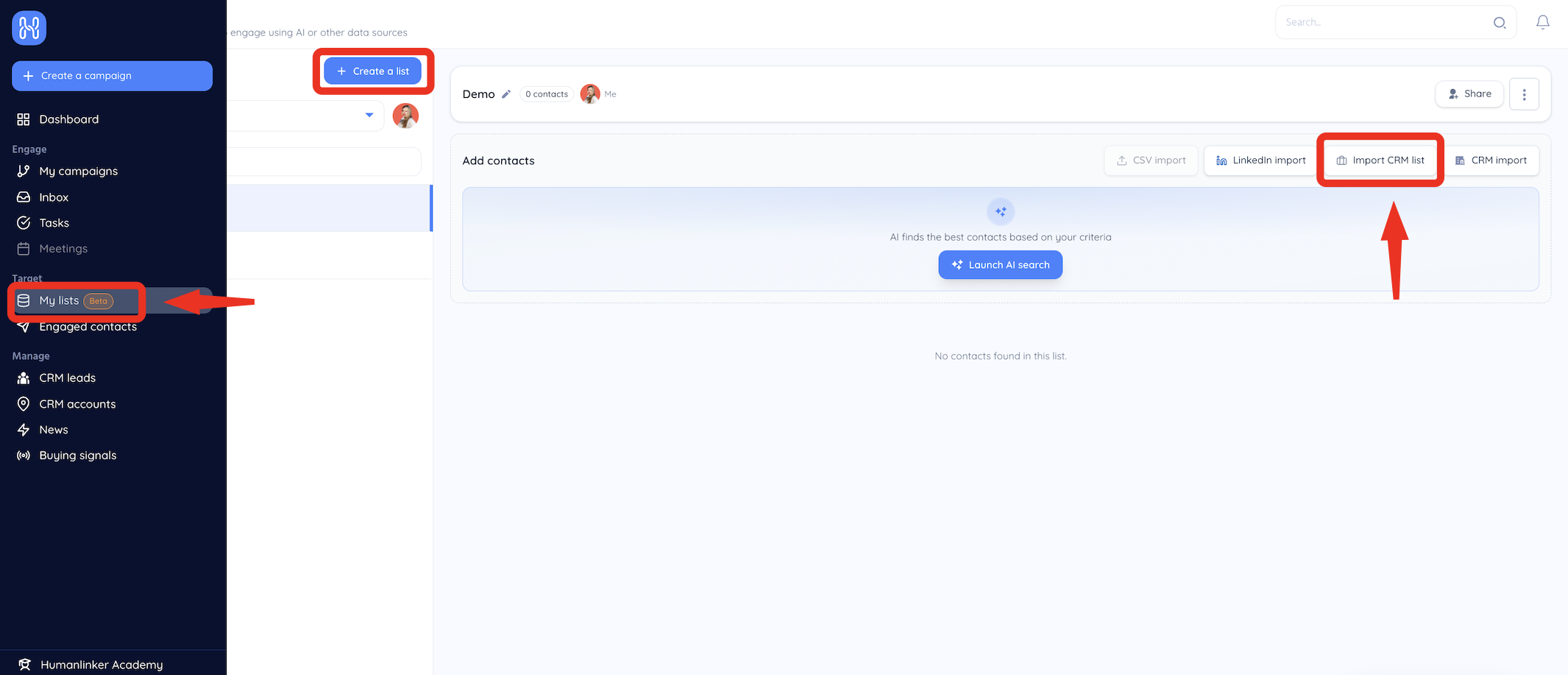 Página My lists: el botón para crear una lista y la opción Import CRM list aparecen resaltados.