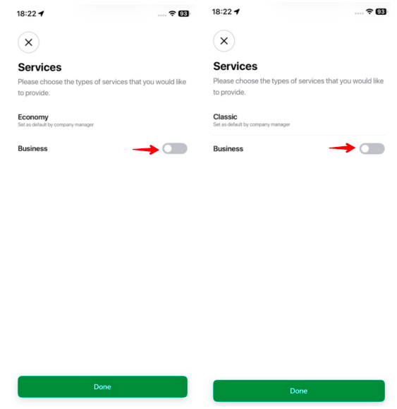 Two Services setup screens show Economy on the left and Classic on the right; red arrows point to the off Business switches. Visible: Services, Please choose the types of services that you would like to provide., Economy, Classic, Set as default by company manager, Business.