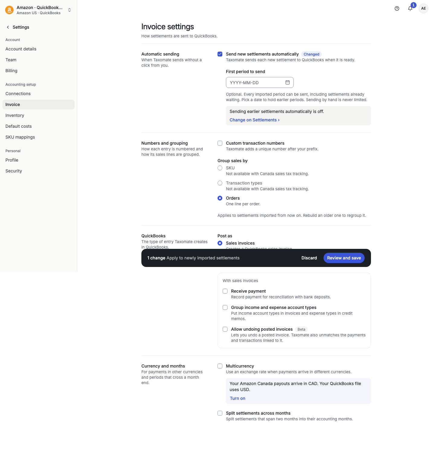 Invoice settings with the Send new settlements automatically checkbox