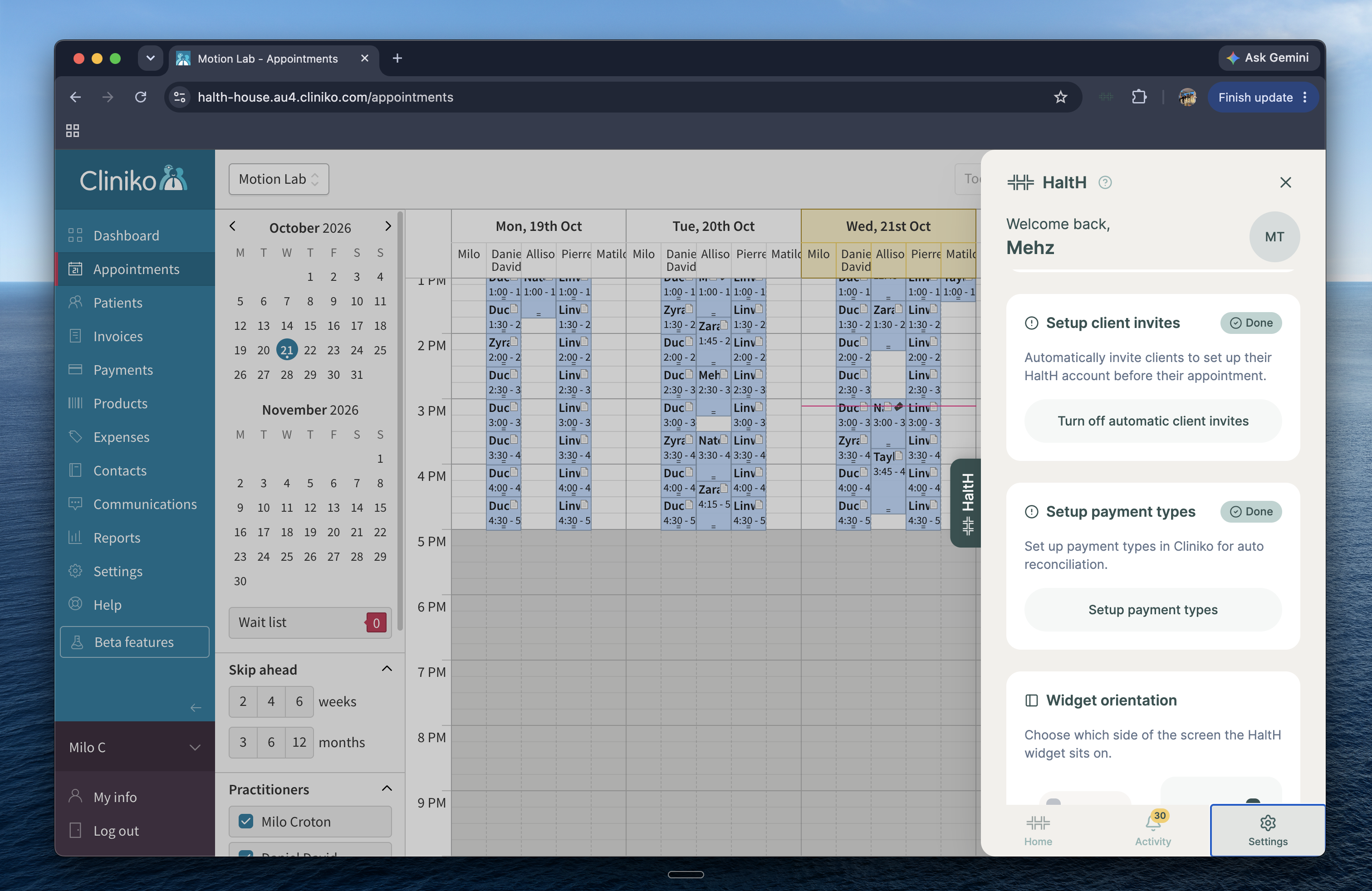 Cliniko Appointments calendar for Motion Lab is dimmed behind the open HaltH Settings panel, showing setup cards for client invites, payment types, and widget orientation. Visible: Motion Lab, Appointments, October 2026, HaltH, Welcome back,, Mehz.