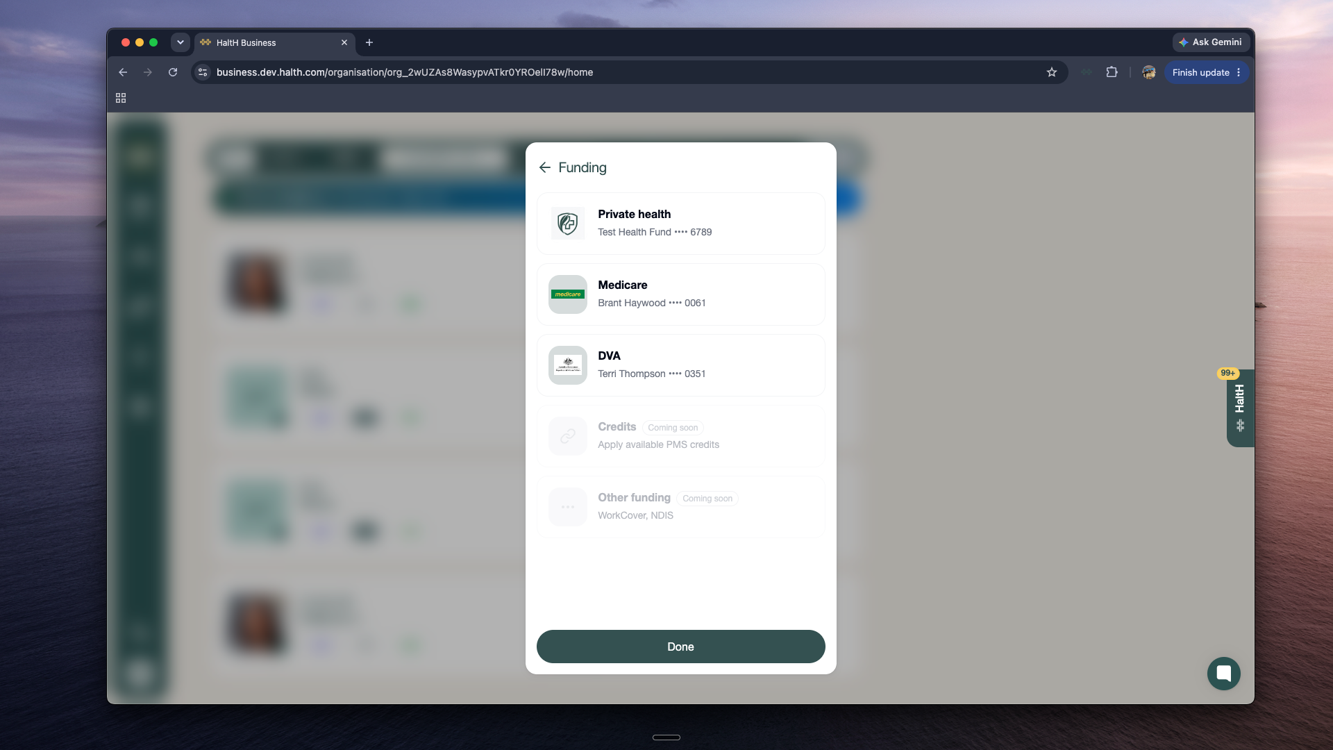 A Funding selection modal lists private health, Medicare, and DVA accounts, plus disabled Credits and Other funding options, over a blurred business dashboard. Visible: Funding, Private health, Test Health Fund •••• 6789, Medicare, Brant Haywood •••• 0061, DVA.