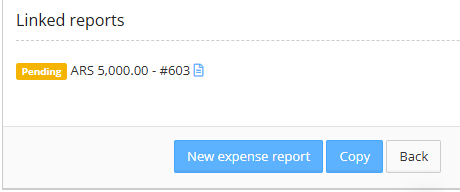 The Linked reports section shows a pending ARS 5,000.00 report and buttons to create a new expense report, copy, or go back. Visible: Linked reports, Pending, ARS 5,000.00, New expense report, Copy, Back.