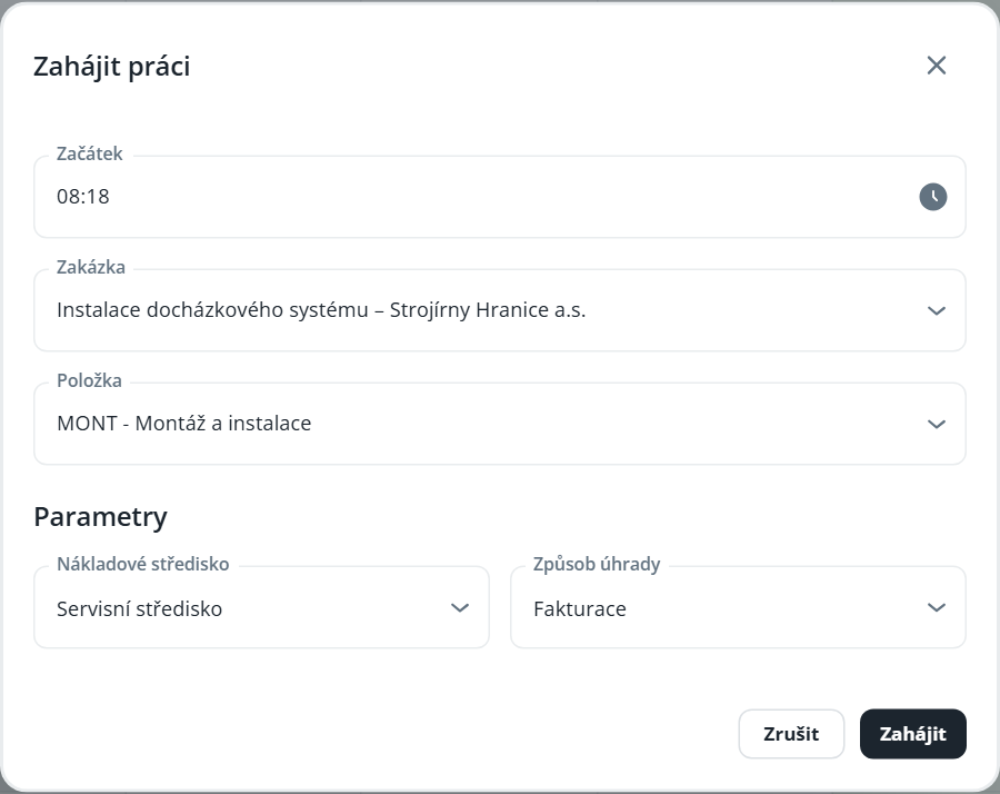 The Start Work dialog shows start time, job and item selectors, cost center and payment method fields, with Cancel and Start buttons. Visible: Start Work, Start, 08:18, Job, Installation of attendance system – Strojírny Hranice a.s., Item.
