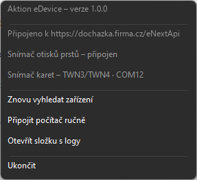 Okno Aktion eDevice verze 1.0.0 zobrazuje stav připojení, čteček a nabídku akcí. Visible: Aktion eDevice – verze 1.0.0, Připojeno k https://dochazka.firma.cz/eNextApi, Snímač otisků prstů – připojen, Snímač karet – TWN3/TWN4 · COM12, Znovu vyhledat zařízení, Připojit počítač ručně.