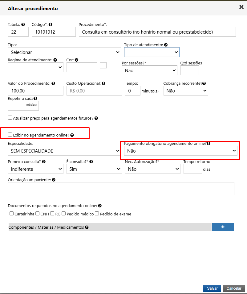 The “Alterar procedimento” form shows procedure settings, with red outlines around the online scheduling checkbox and required payment dropdown. Visible: Alterar procedimento, Tabela:, Código*:, Procedimento*:, Consulta em consultório (no horário normal ou preestabelecido), Tipo.