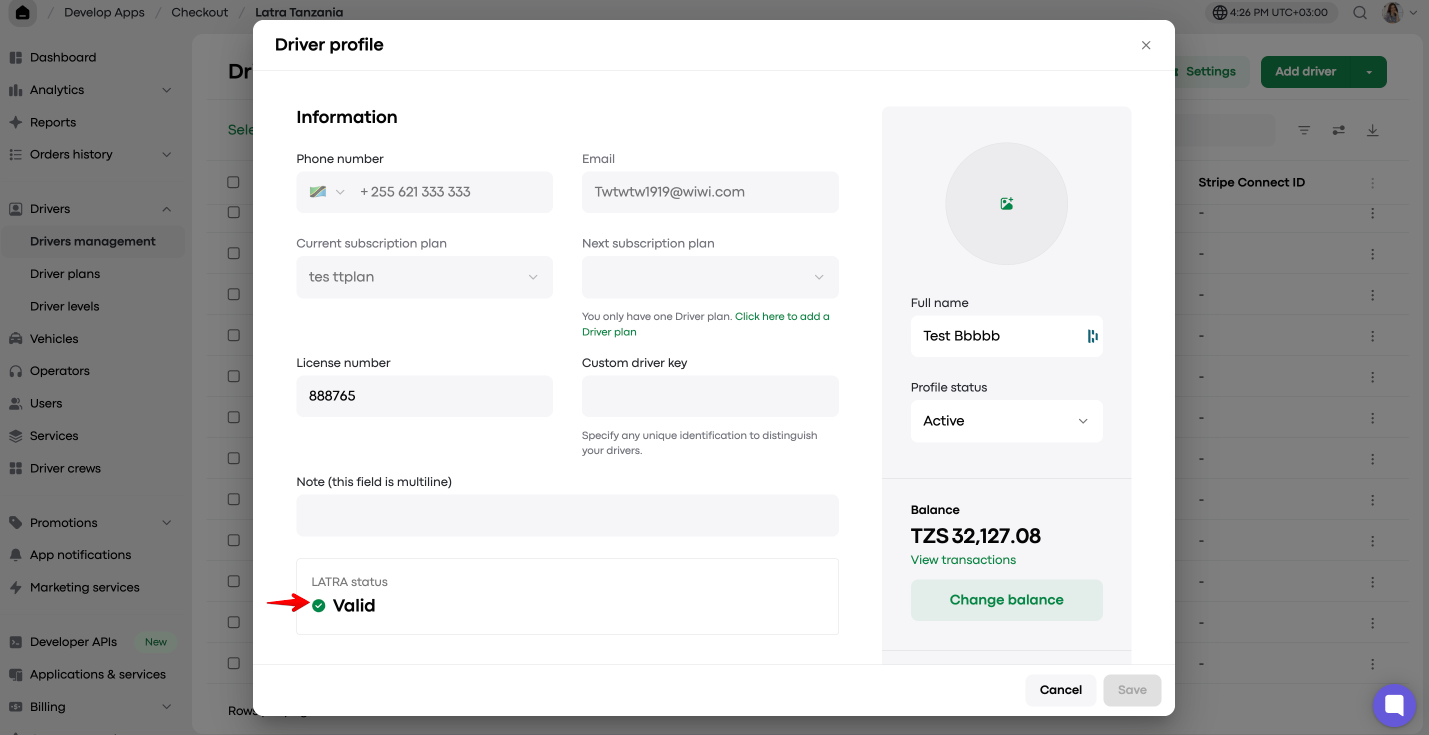 Driver profile modal in Drivers management, with a red arrow pointing to the green check and Valid LATRA status. Visible: Driver profile, Information, Phone number, Email, Current subscription plan, Next subscription plan.