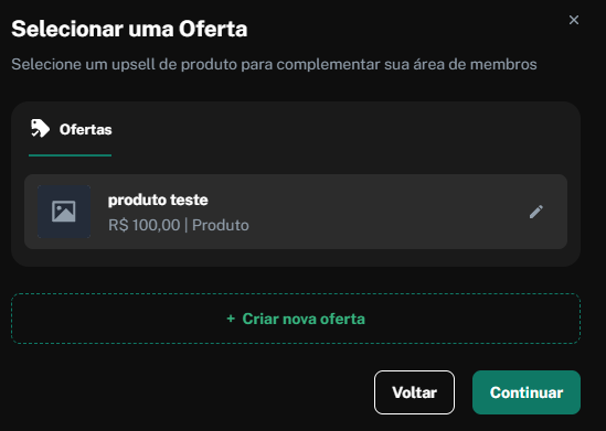 The “Selecionar uma Oferta” modal shows a product offer list, a create-offer button, and Voltar and Continuar buttons. Visible: Selecionar uma Oferta, Selecione um upsell de produto para complementar sua área de membros, Ofertas, produto teste, R$ 100,00 | Produto, Criar nova oferta.
