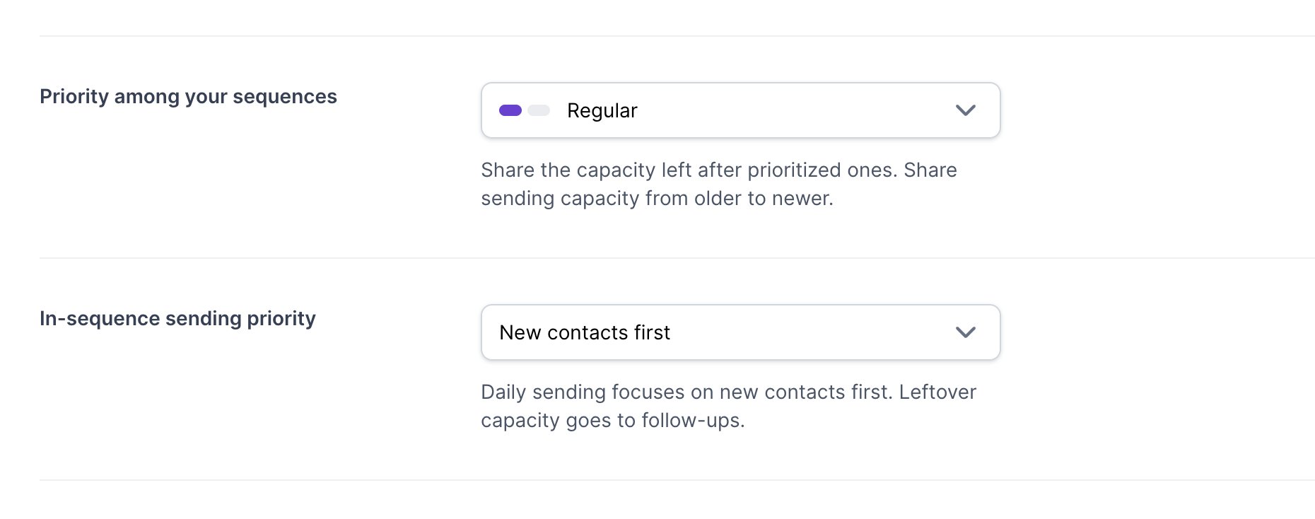 Sequence sending settings show Priority among your sequences set to Regular and In-sequence sending priority set to New contacts first. Visible: Priority among your sequences, Regular, Share the capacity left after prioritized ones. Share sending capacity from older to newer., In-sequence sending pr