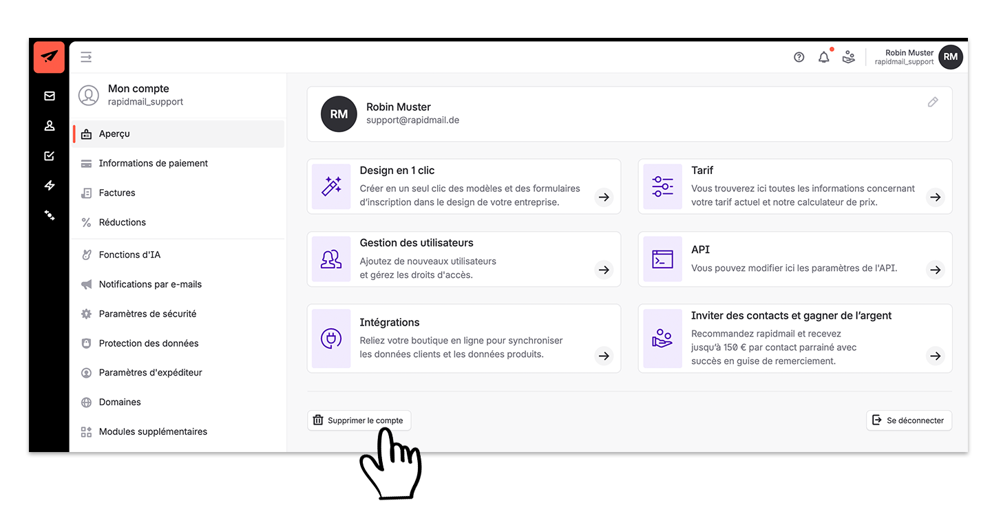 La section Aperçu de Mon compte affiche les paramètres et options du compte, tandis qu’une main pointe vers le bouton « Supprimer le compte » en bas. Visible: Mon compte, Aperçu, Informations de paiement, Factures, Réductions, Fonctions d'IA.