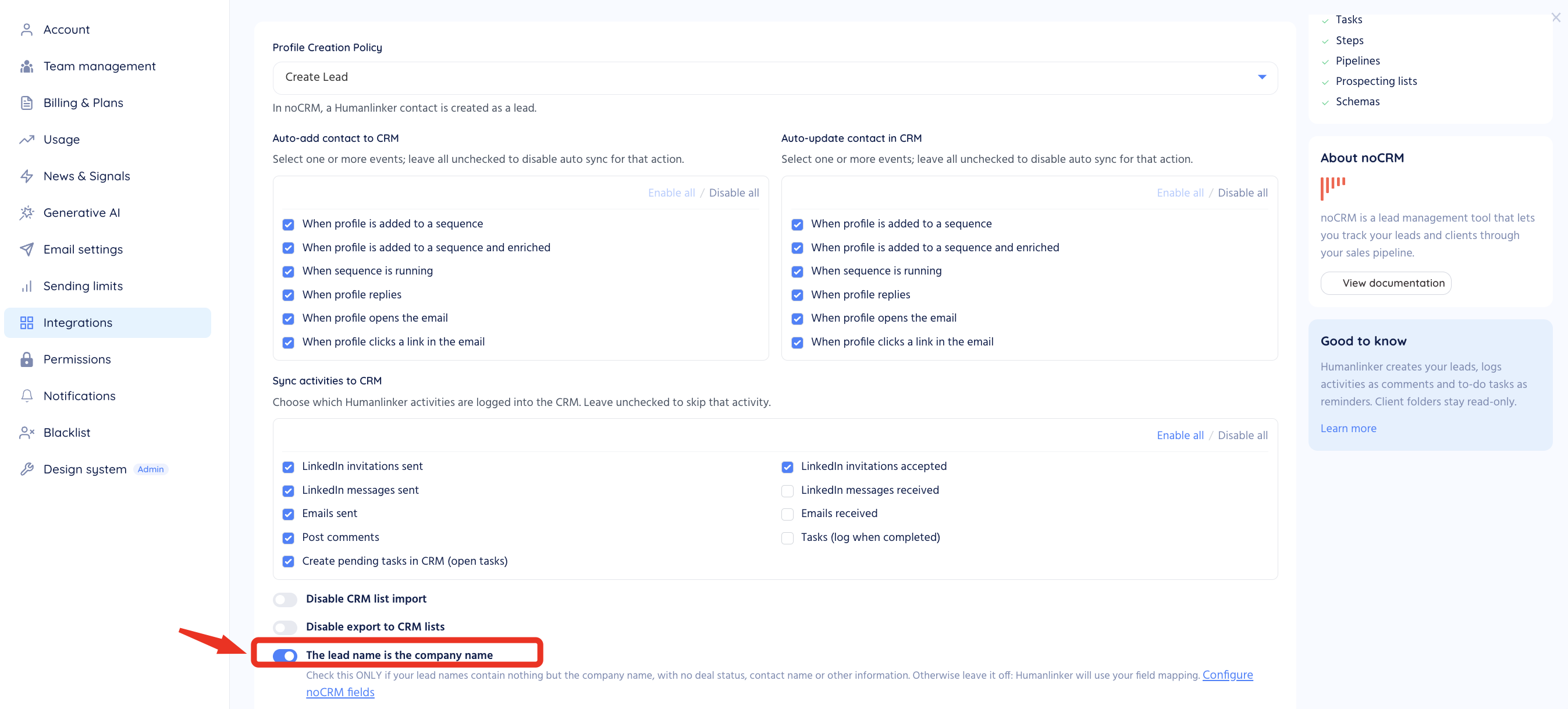 Ajustes de sincronización con el CRM: el ajuste “The lead name is the company name” aparece resaltado.