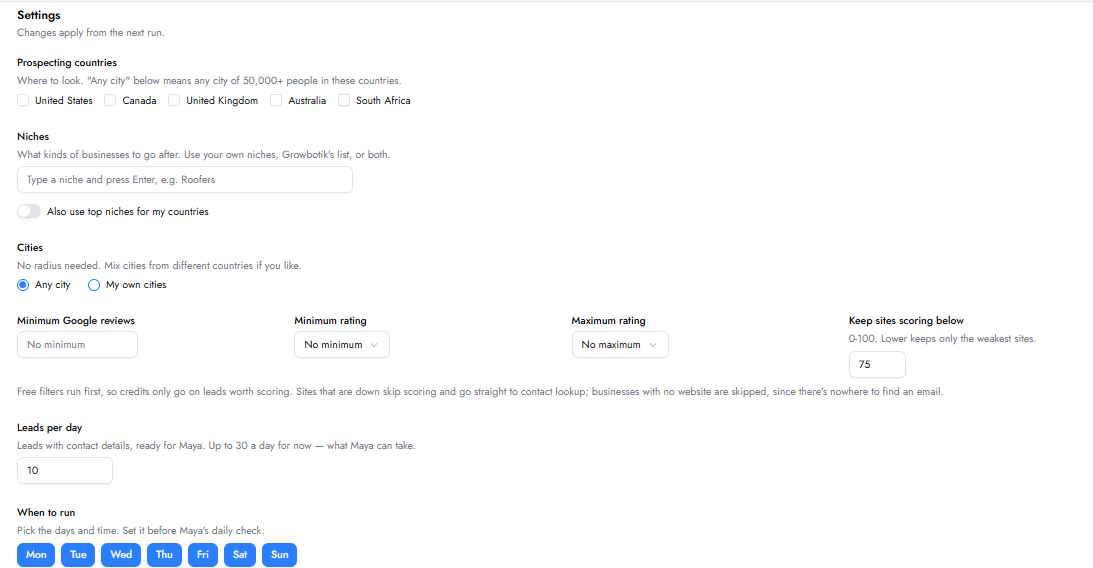 Settings screen showing prospecting countries, niche and city filters, review and rating thresholds, leads per day, and scheduled run days. Visible: Settings, Prospecting countries, United States, Canada, United Kingdom, Australia.