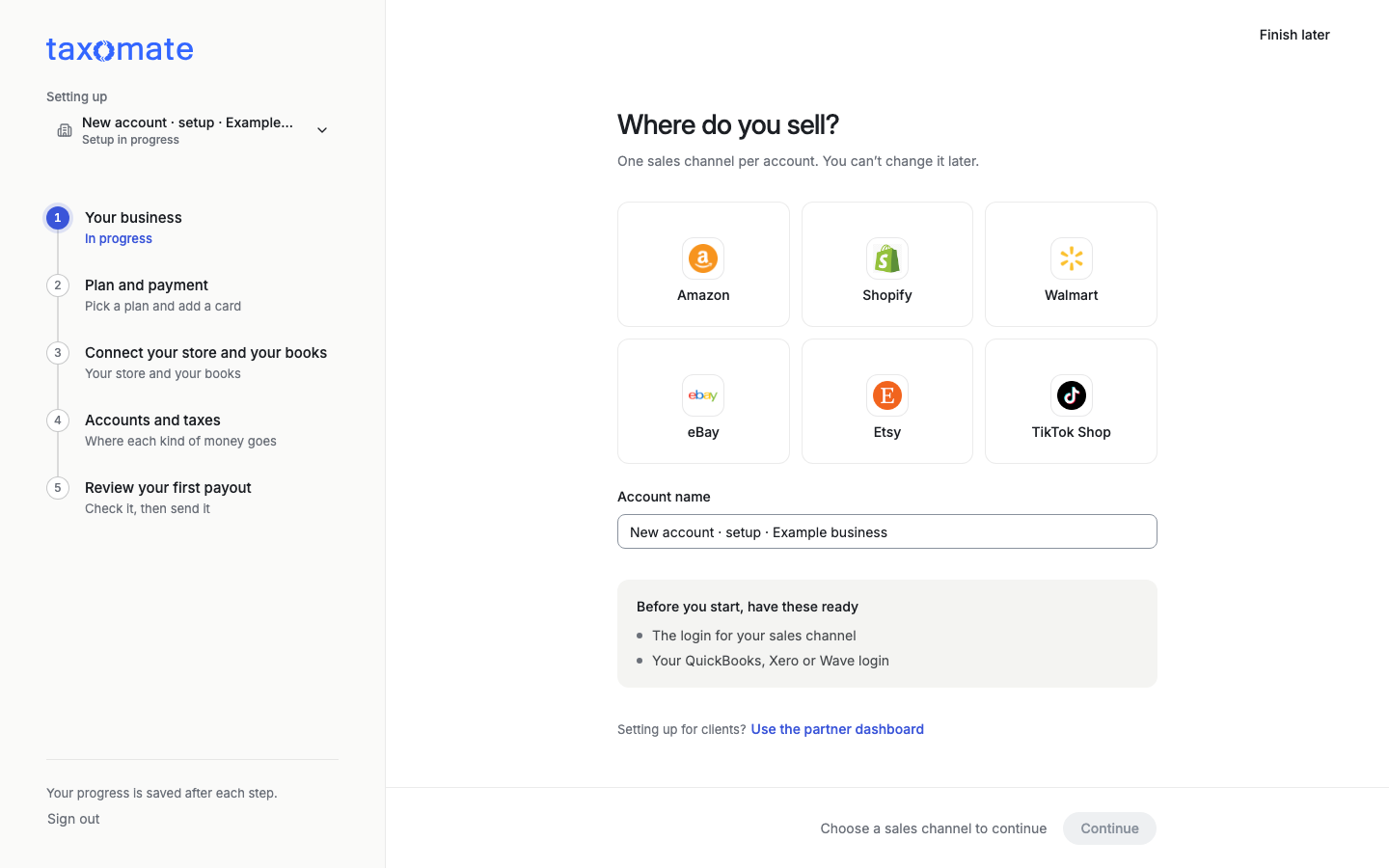 Quick Setup step "Where do you sell?" with six sales channels
