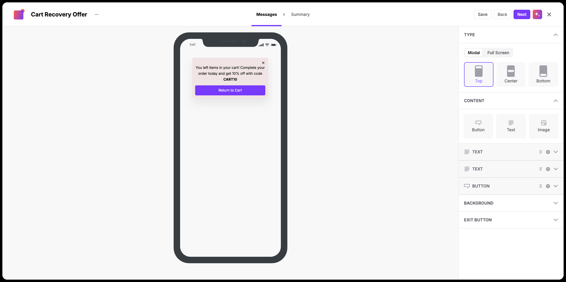 The Cart Recovery Offer editor shows a mobile modal positioned at the top, offering 10% off with code CART10 and a Return to Cart button. Visible: Cart Recovery Offer, Messages, Summary, Save, Back, Next.