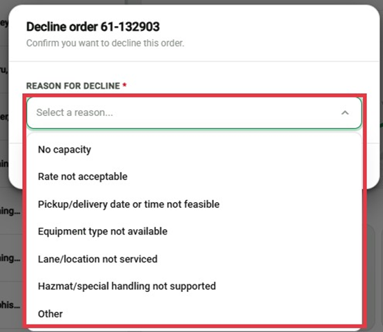 Boîte de dialogue Decline Order avec le menu déroulant des motifs et les boutons Decline Order et Cancel