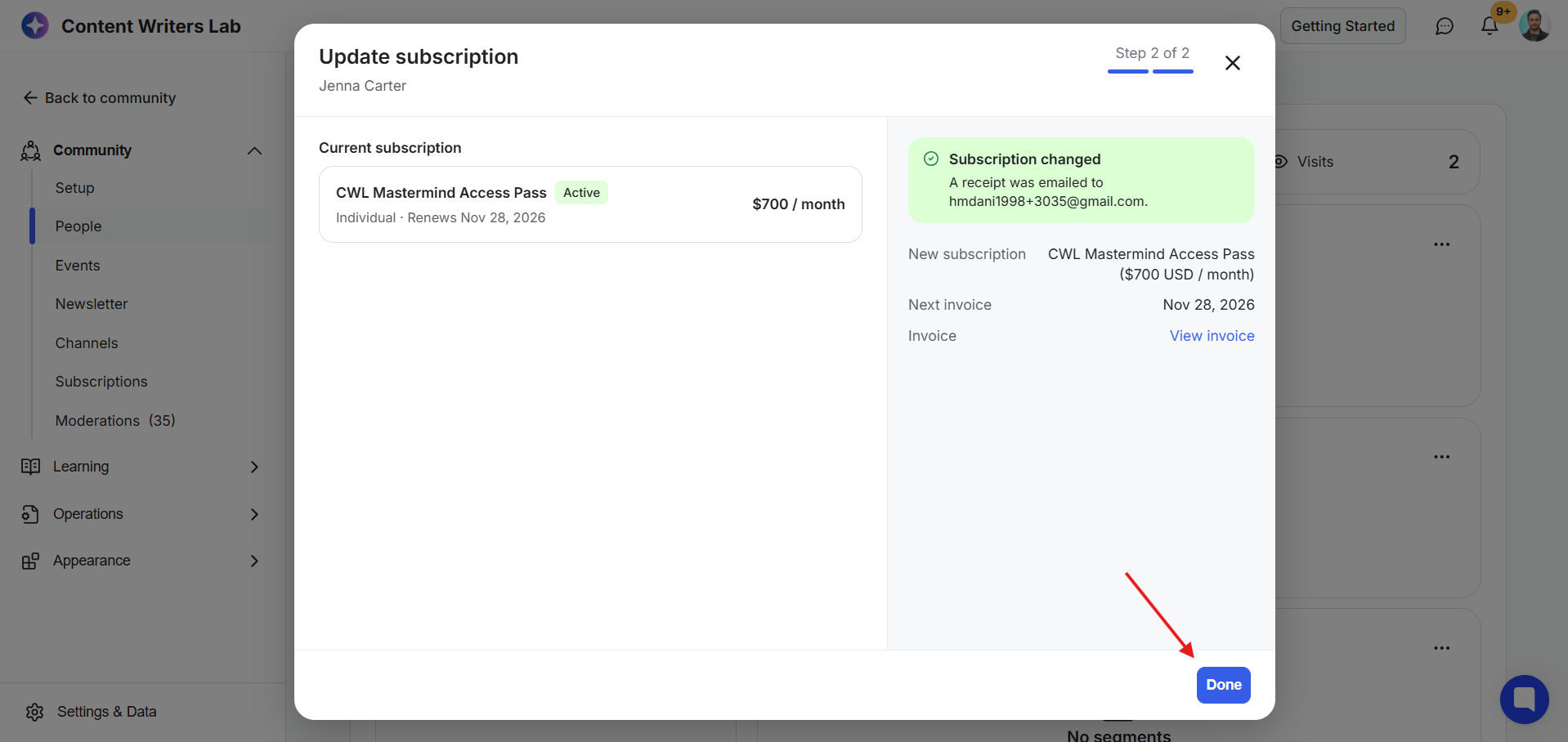 The Update subscription dialog at step 2 of 2 confirms the subscription changed, and a red arrow points to the Done button. Visible: Update subscription, Jenna Carter, Step 2 of 2, Current subscription, CWL Mastermind Access Pass, Active.