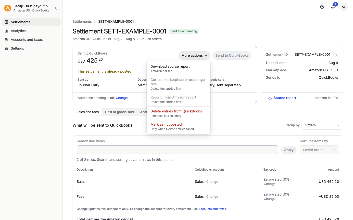 Settlement More actions menu with Delete entries from QuickBooks and Mark as not posted