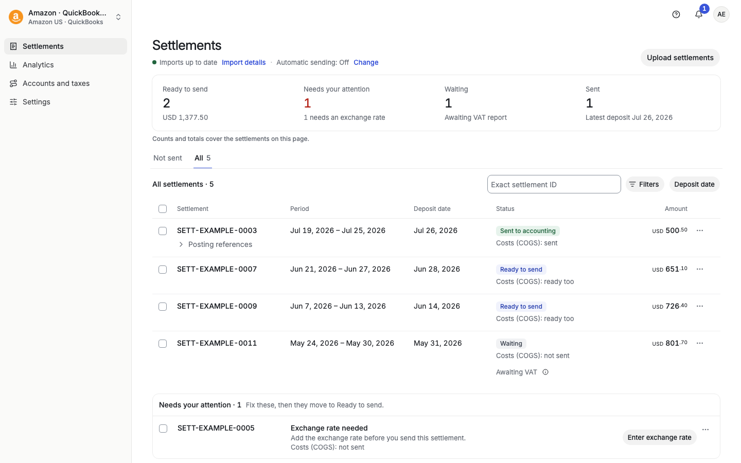 Settlements list with status counts and a status on each row