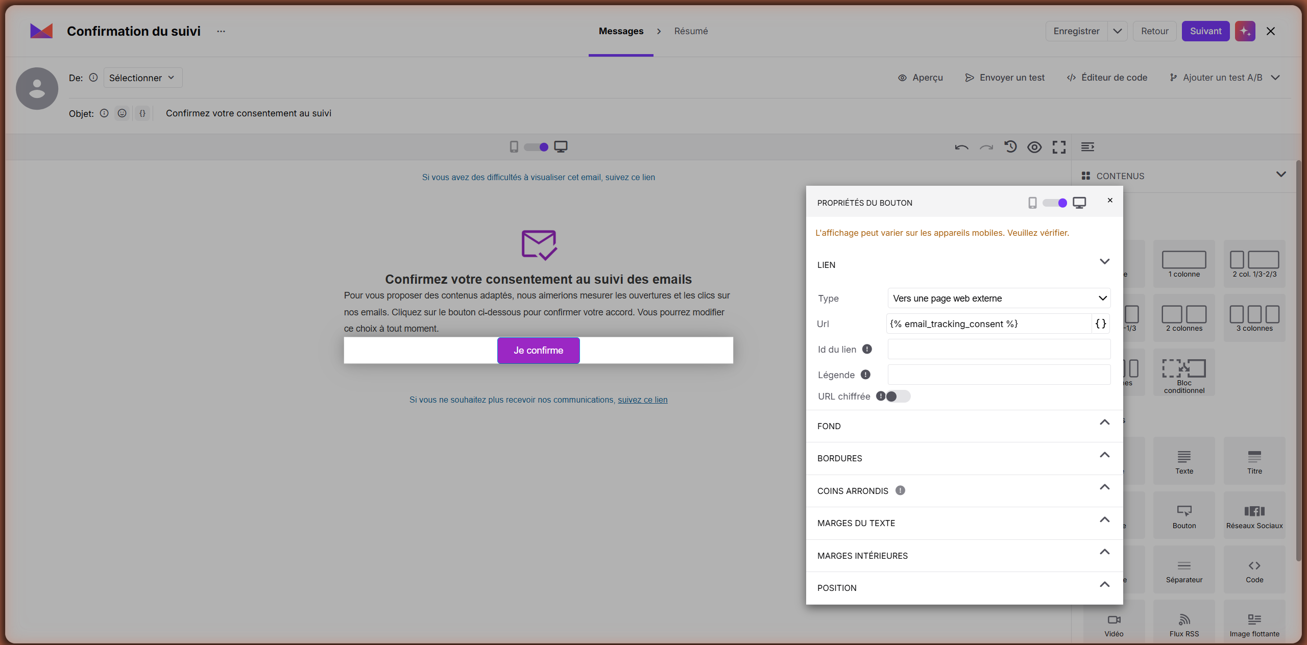 The email editor’s Messages screen shows a French tracking-consent email with the “Je confirme” button selected and its link properties panel open. Visible: Confirmation du suivi, Messages, Résumé, Objet:, Confirmez votre consentement au suivi, PROPRIÉTÉS DU BOUTON.