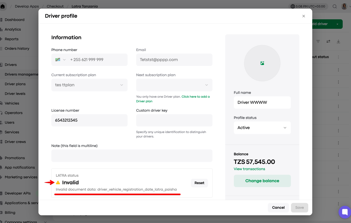 Driver profile modal for Latra Tanzania shows an Invalid LATRA status with a red arrow pointing to the warning and the invalid document data message underlined. Visible: Driver profile, Information, Phone number, Email, Current subscription plan, Next subscription plan.