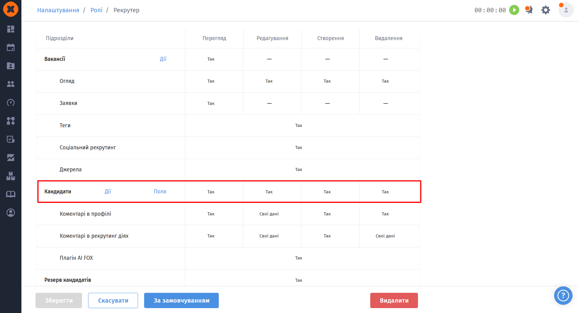 Role permissions table on Налаштування / Ролі / Рекрутер, with a red rectangle highlighting the Кандидати row and its permissions. Visible: Налаштування, Ролі, Рекрутер, Підрозділи, Перегляд, Редагування.