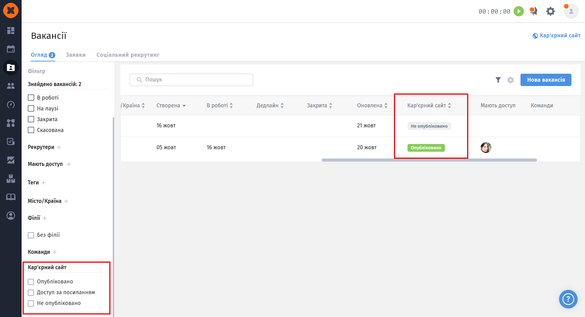 The Vacancies overview shows the Career site status column and matching sidebar filters, both outlined in red. Visible: Вакансії, Огляд, Заявки, Соціальний рекрутинг, Знайдено вакансій: 2, Кар'єрний сайт.