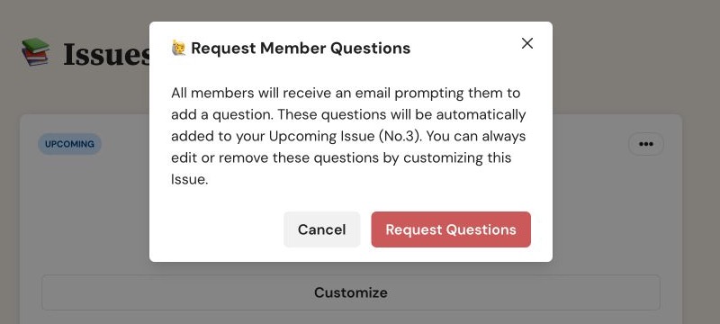 Request Member Questions confirmation on web for Upcoming Issue No.3 with Cancel and Request Questions controls.