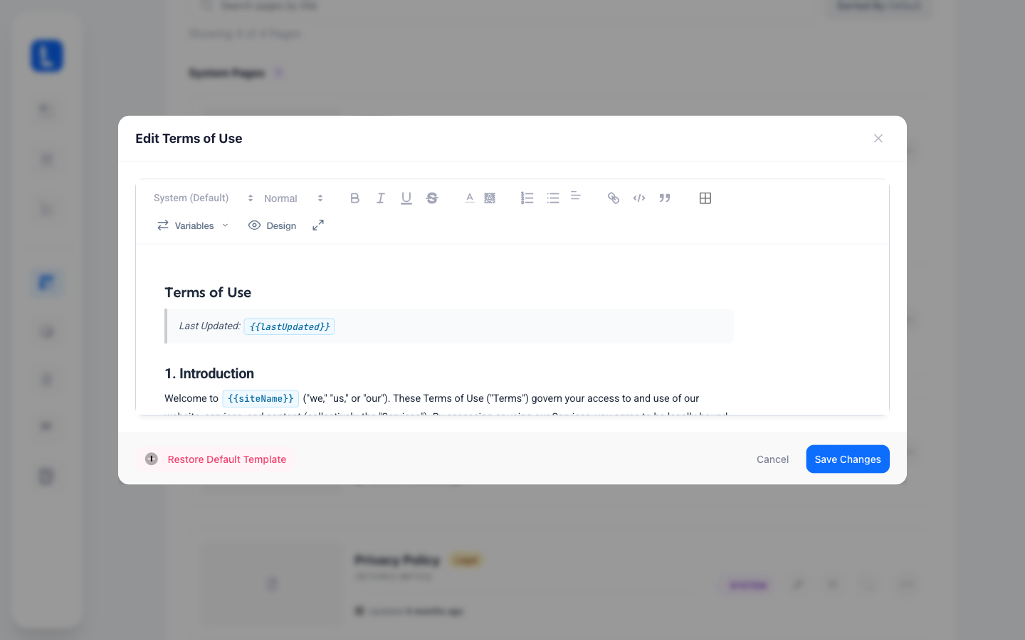 The Edit Terms of Use window, showing the rich-text toolbar, the Variables dropdown and the page content.