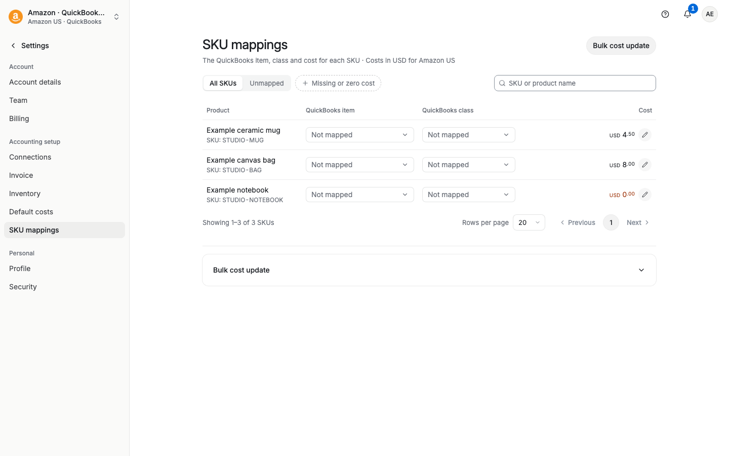 SKU mappings page with QuickBooks item and class pickers for each SKU